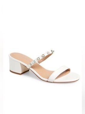 New Stuart Weitzman Pearly Strap Block Slide 50 Sandal in White Size 8